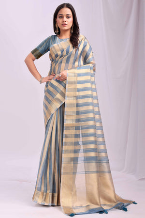 Sky Blue Lightweight Organza Saree with Rich Zari Stripes Pattern