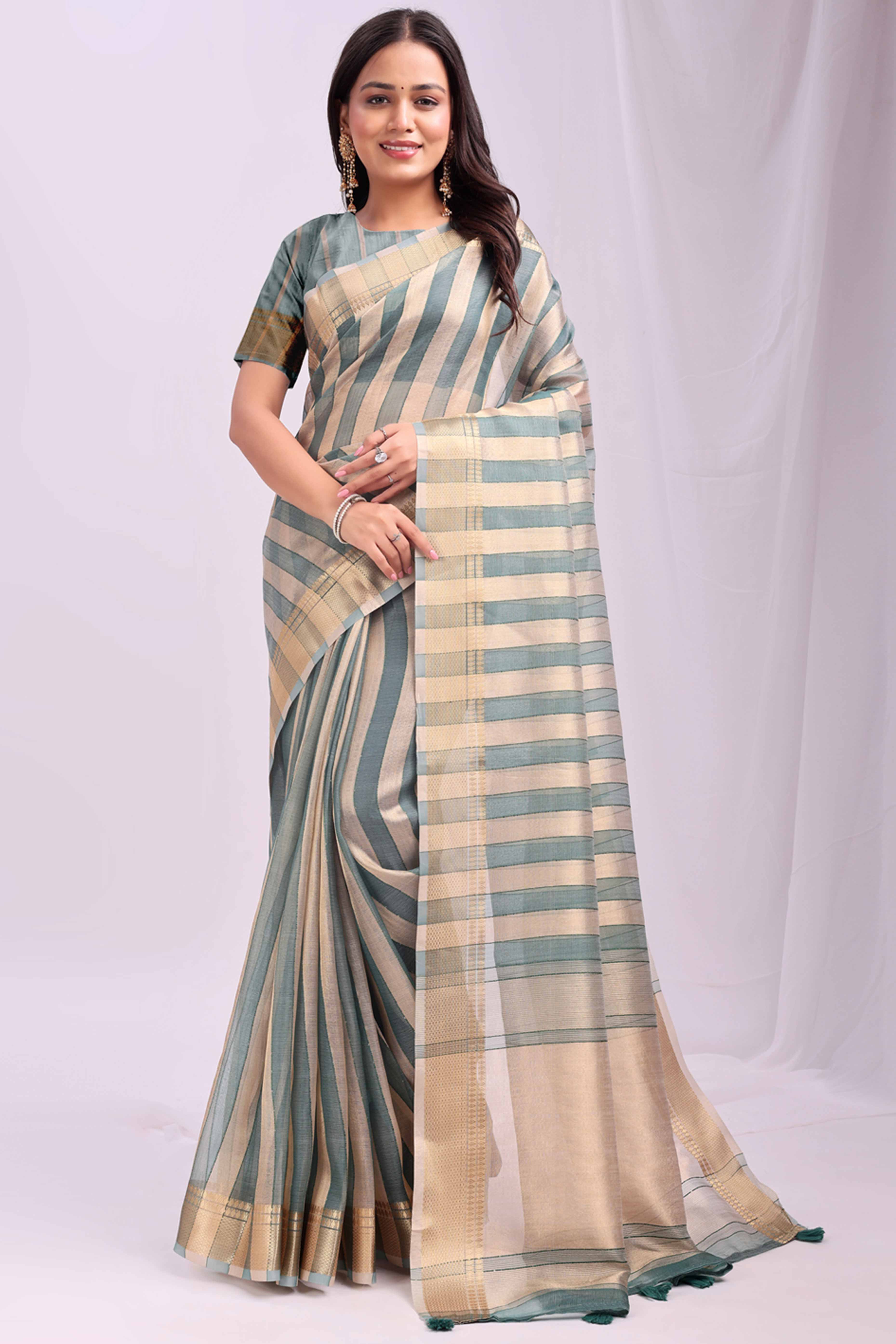 Green Lightweight Organza Saree with Rich Zari Stripes Pattern