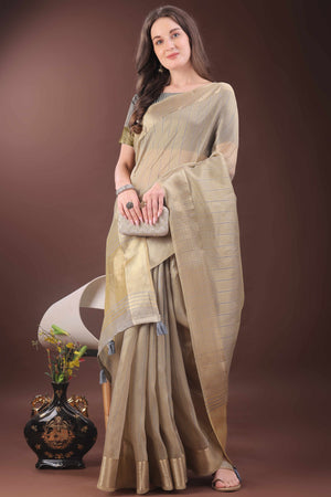 Beige Organza Saree With Zari Woven Stripes & Elegant Tassel Border