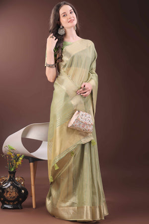 Green Organza Saree With Zari Woven Stripes & Elegant Tassel Border