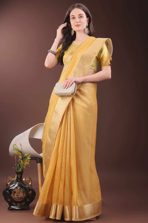 Mustard Organza Saree With Zari Woven Stripes & Elegant Tassel Border