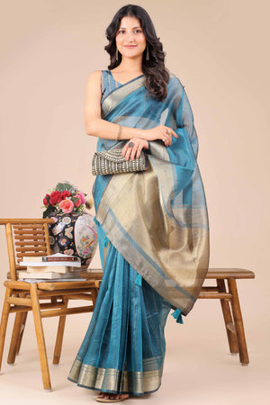 Sky Teal Hue Organza Saree with Shimmering Zari Border Weave