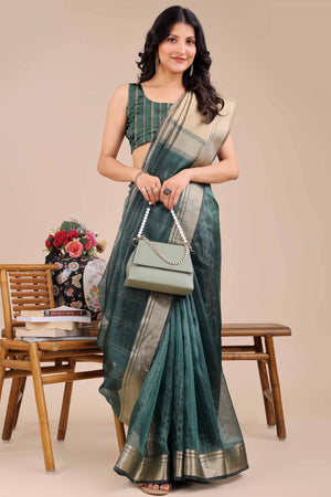 Dark Green Hue Organza Saree with Shimmering Zari Border Weave