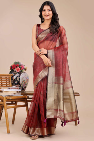 Maroon Hue Organza Saree with Shimmering Zari Border Weave