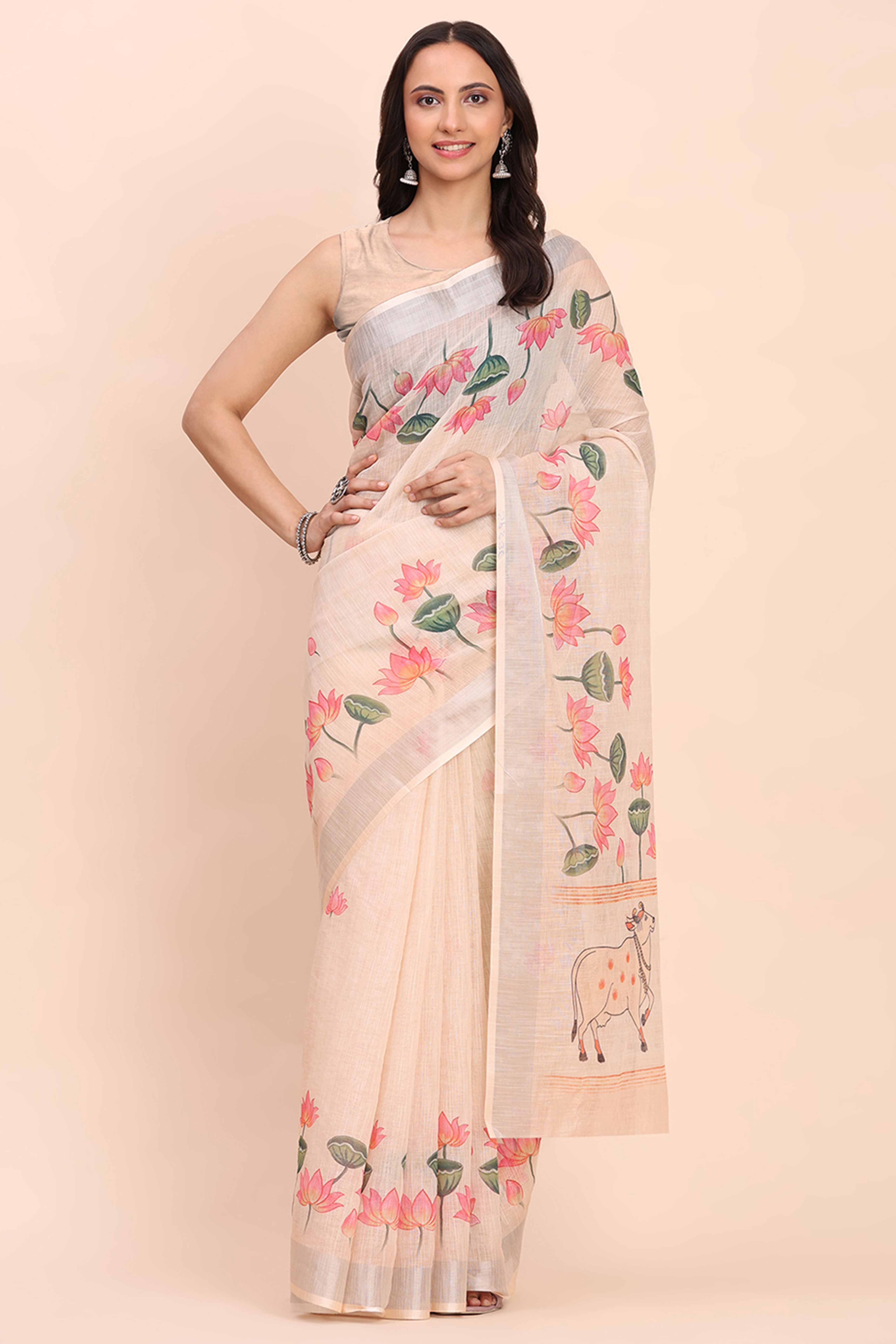 Beige Linen Cotton Saree Featuring Floral Prints & Woven Border