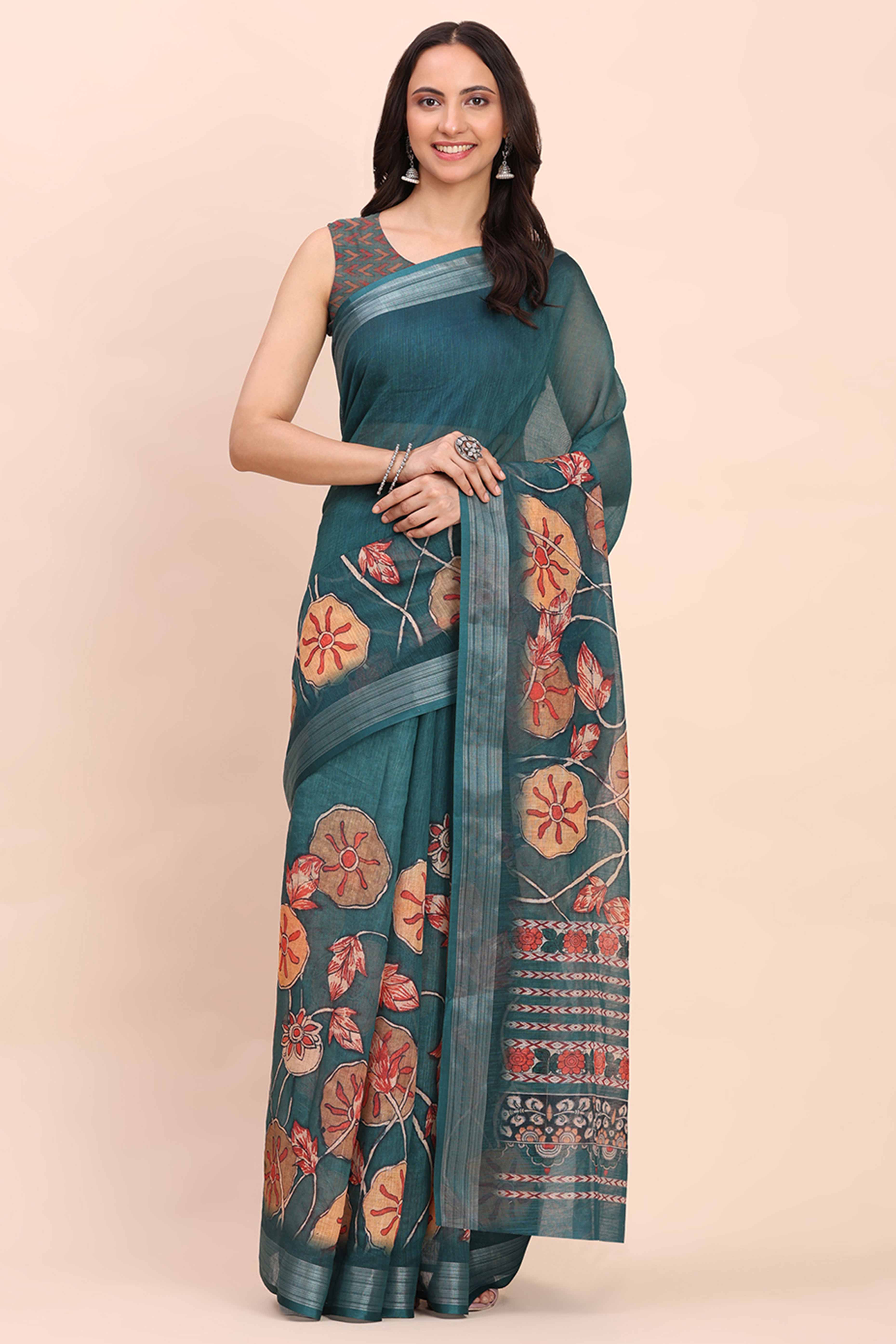 Teal Blue Linen Cotton Saree Featuring Floral Prints & Woven Border