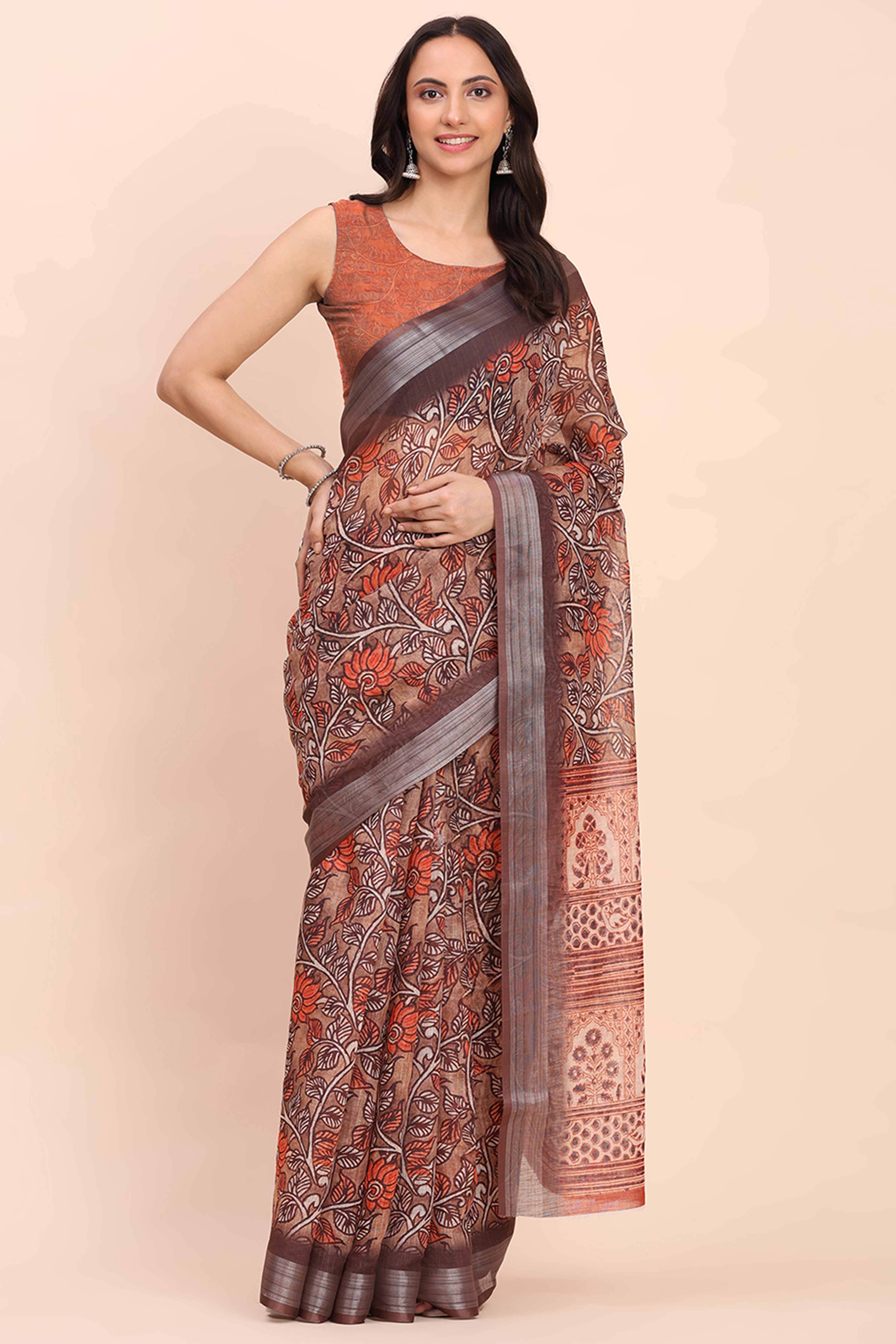 Brown Linen Cotton Saree Featuring Floral Prints & Woven Border