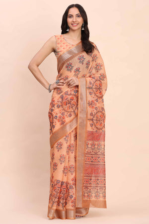 Orange Linen Cotton Saree Featuring Floral Prints & Woven Border