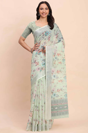 Light Green Linen Cotton Saree Featuring Floral Prints & Woven Border
