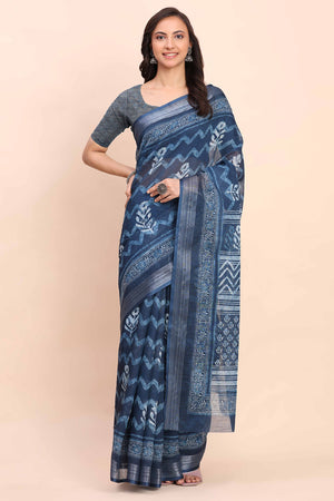 Indigo Blue Linen Cotton Saree Featuring Floral Prints & Woven Border