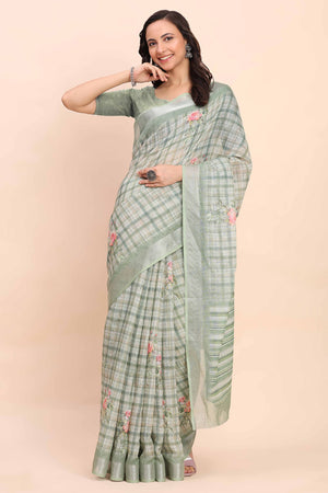 Sea Green Linen Cotton Saree Featuring Floral Prints & Woven Border