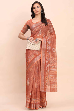 Rust Linen Saree with Intricate Silver Weaving