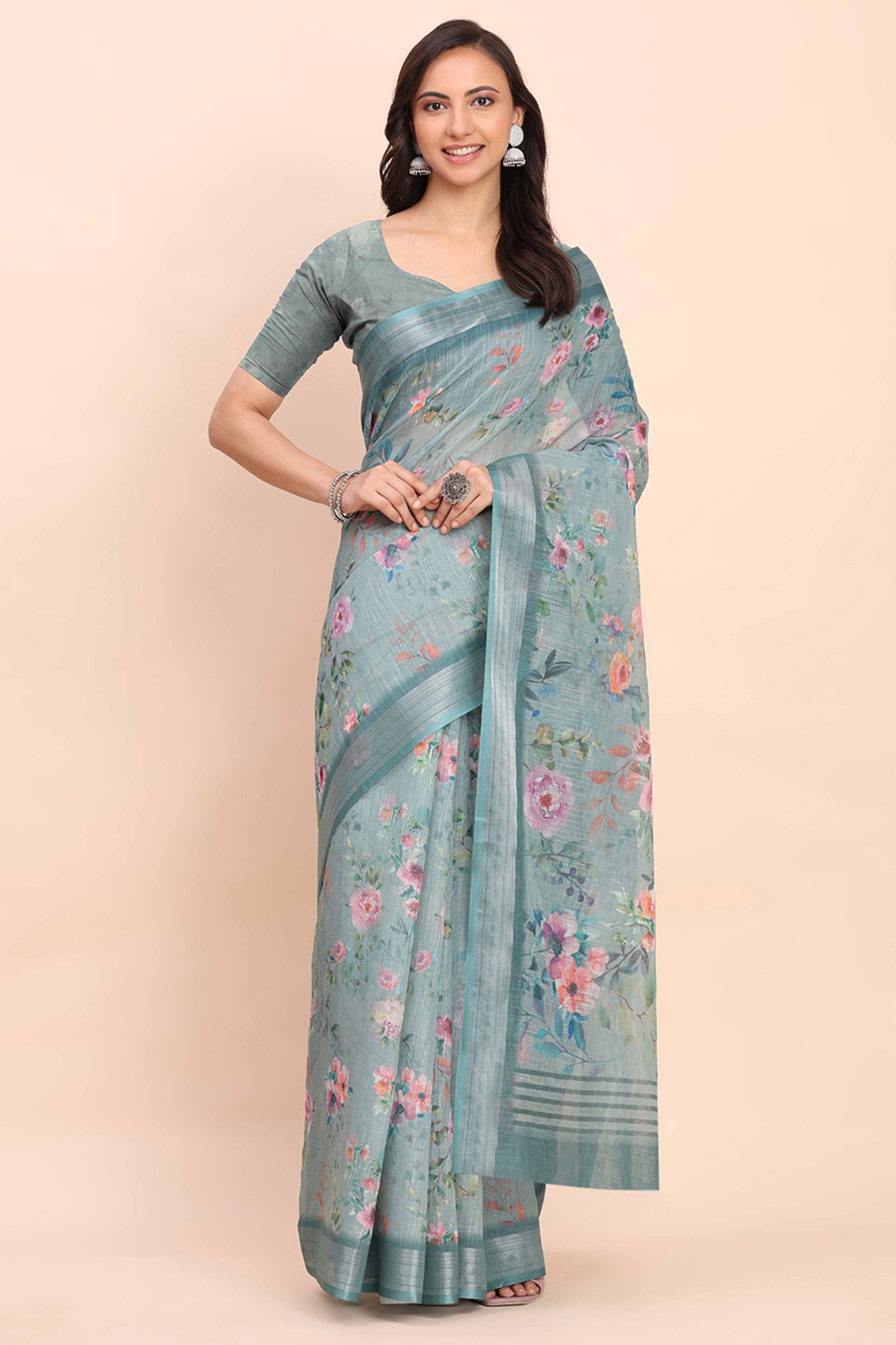 Sea Green Linen Saree with Intricate Silver Weaving
