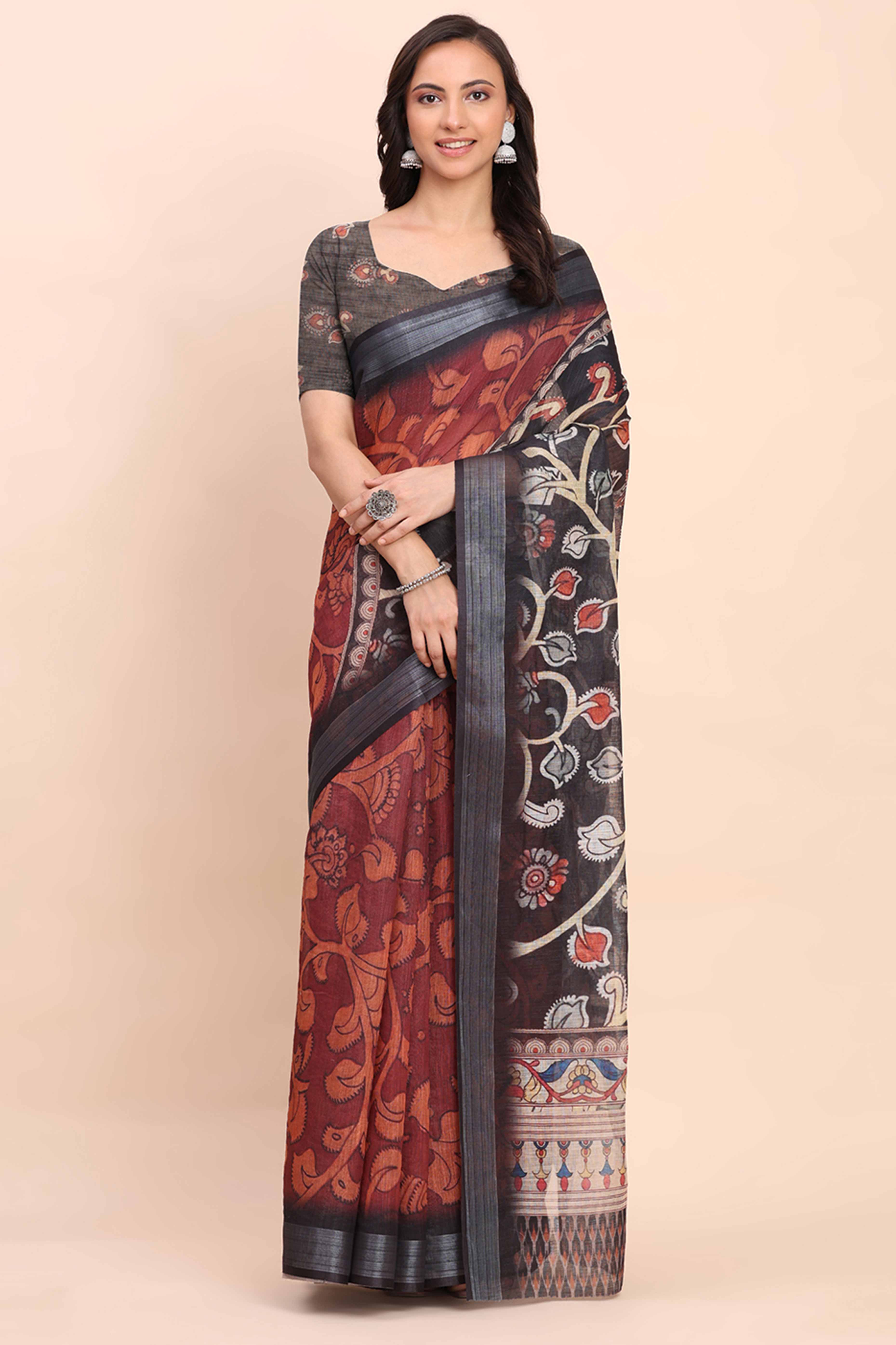 Maroon Linen Saree with Intricate Silver Weaving
