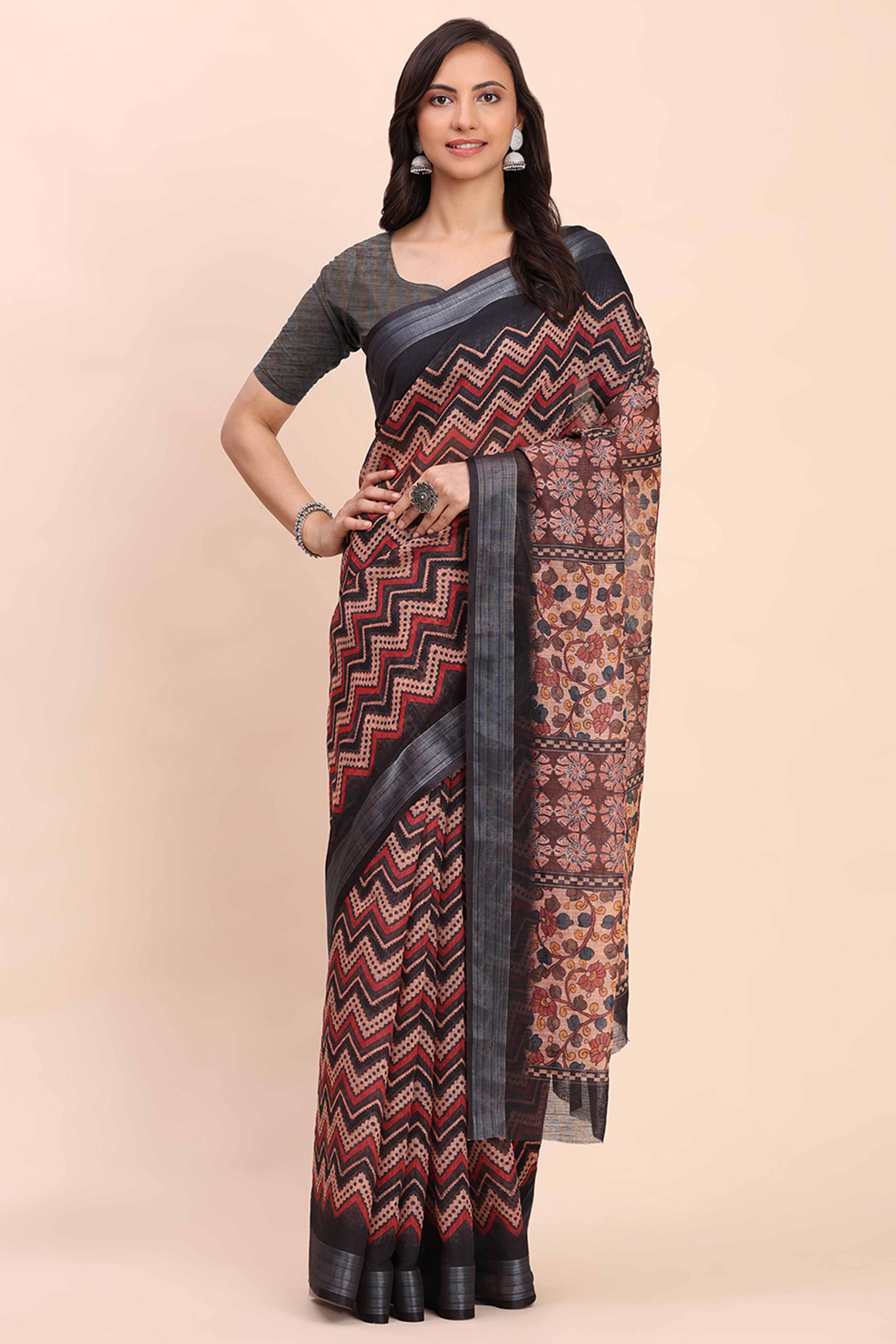 Beige Linen Saree with Intricate Silver Weaving