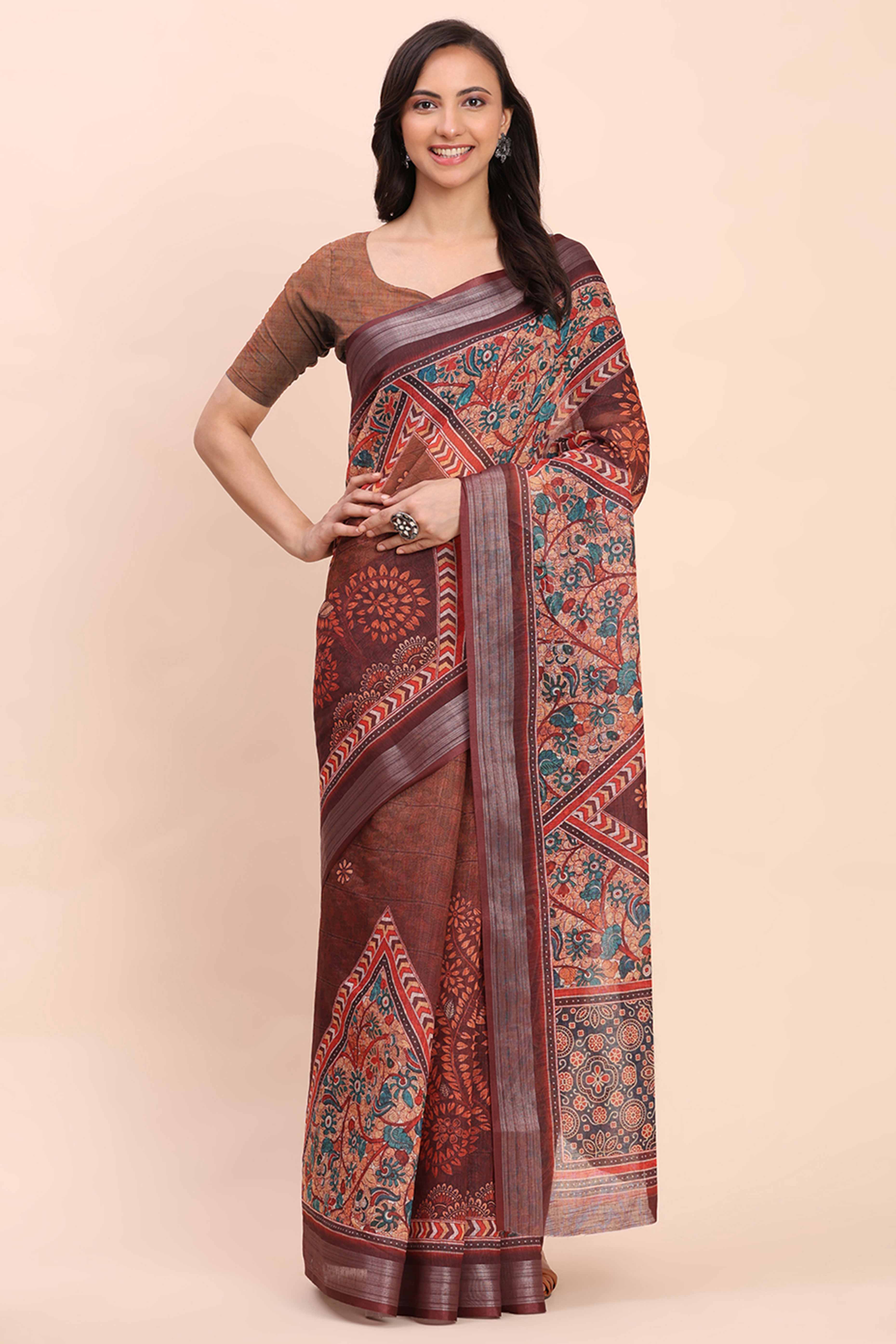 Brown Linen Saree with Intricate Silver Weaving