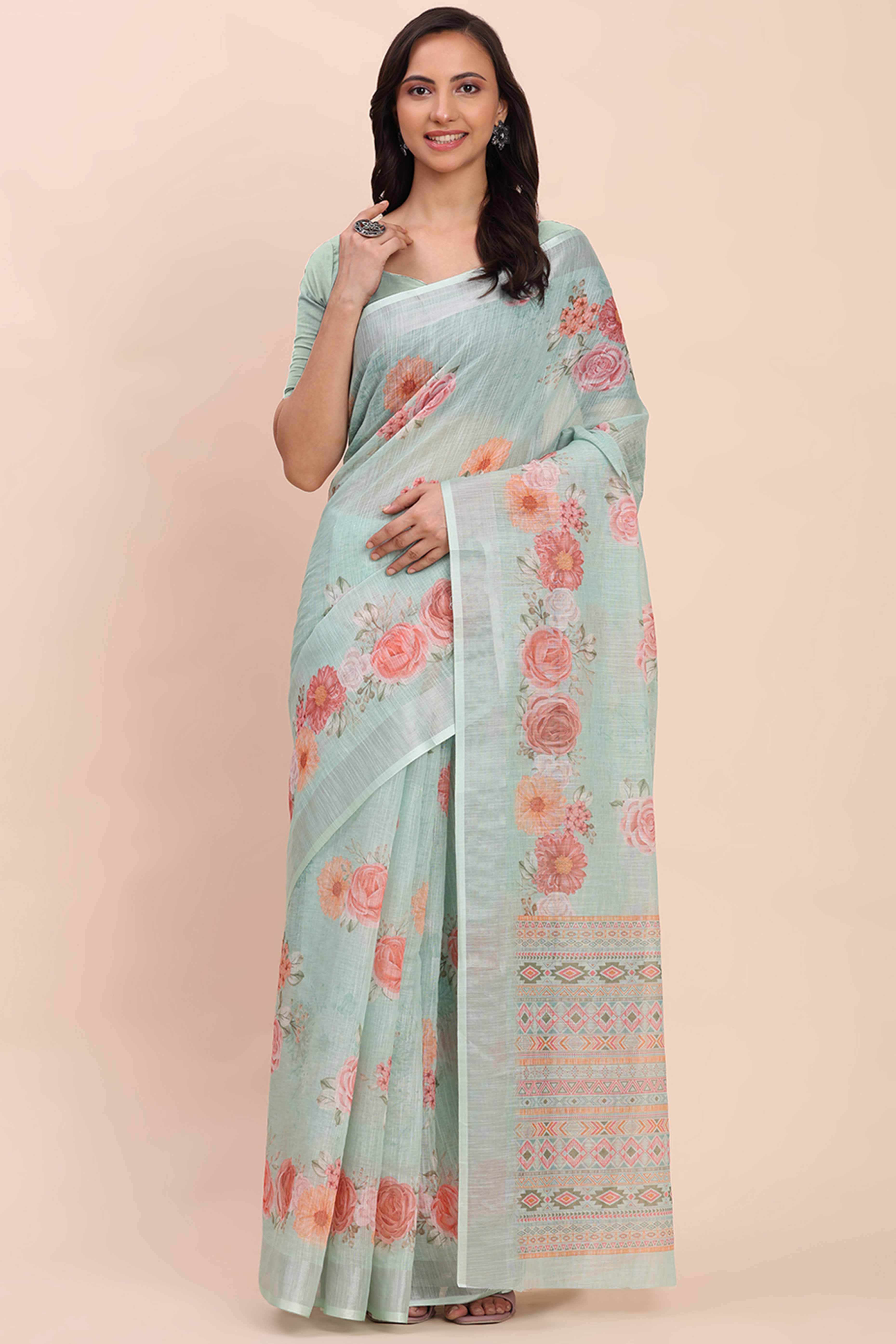 Sea Green Linen Saree with Intricate Silver Weaving
