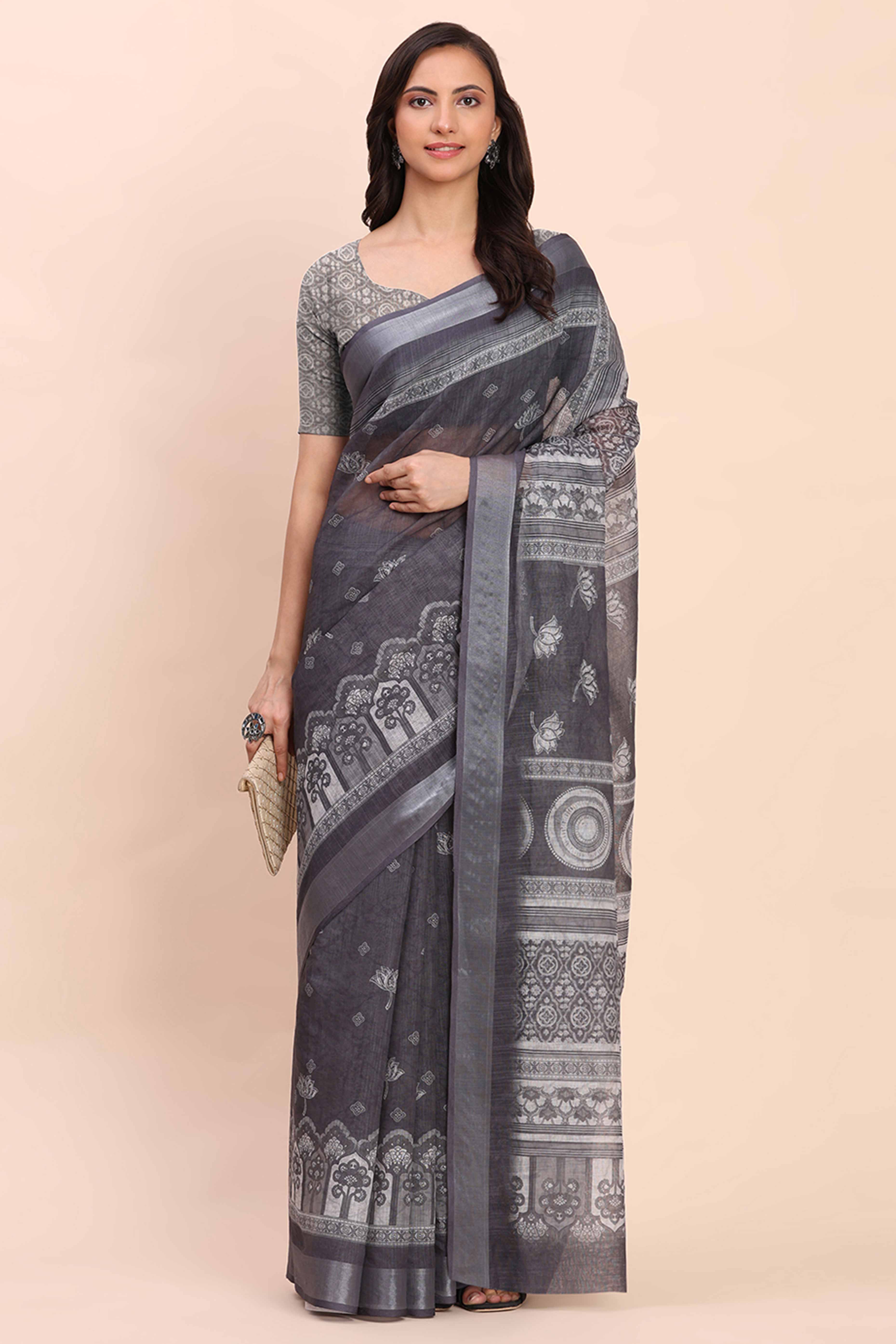 Grey Linen Saree with Intricate Silver Weaving