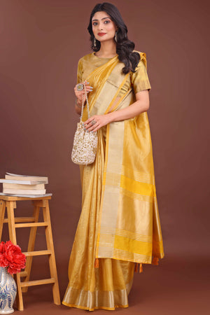 Yellow Organza Solid Saree With Lustrous Zari Weave &  Delicate Tassels