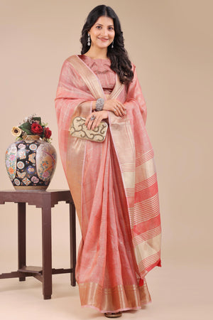 Peach Organza Saree with Checkered Zari Weaving and Tassels