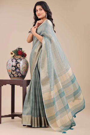 Sea Green Organza Saree with Checkered Zari Weaving Pattern and Tassels