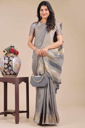 Grey Organza Saree with Checkered Zari Weaving Design and Tassels