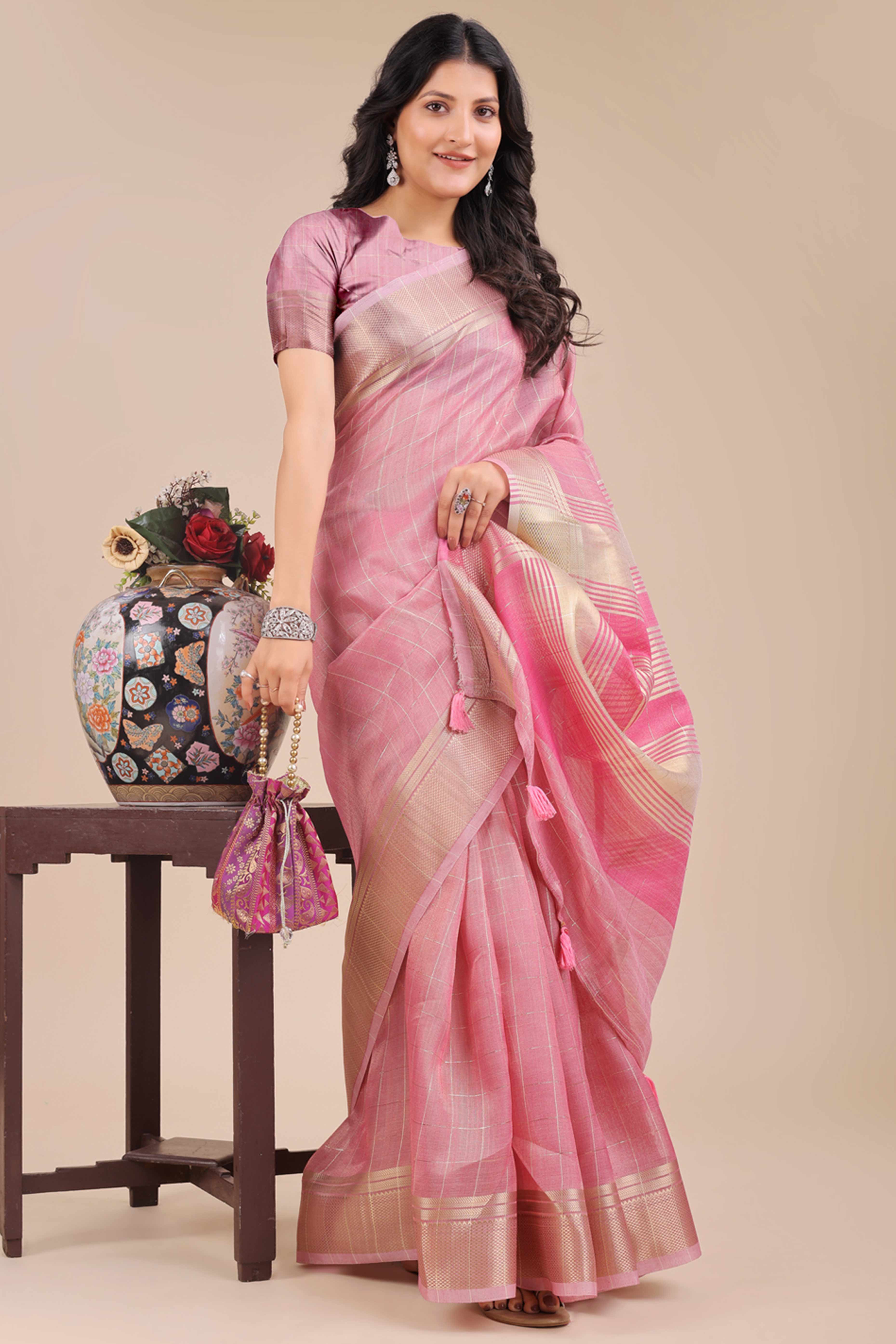 Pink Organza Saree with Checkered Zari Weaving Style and Tassels