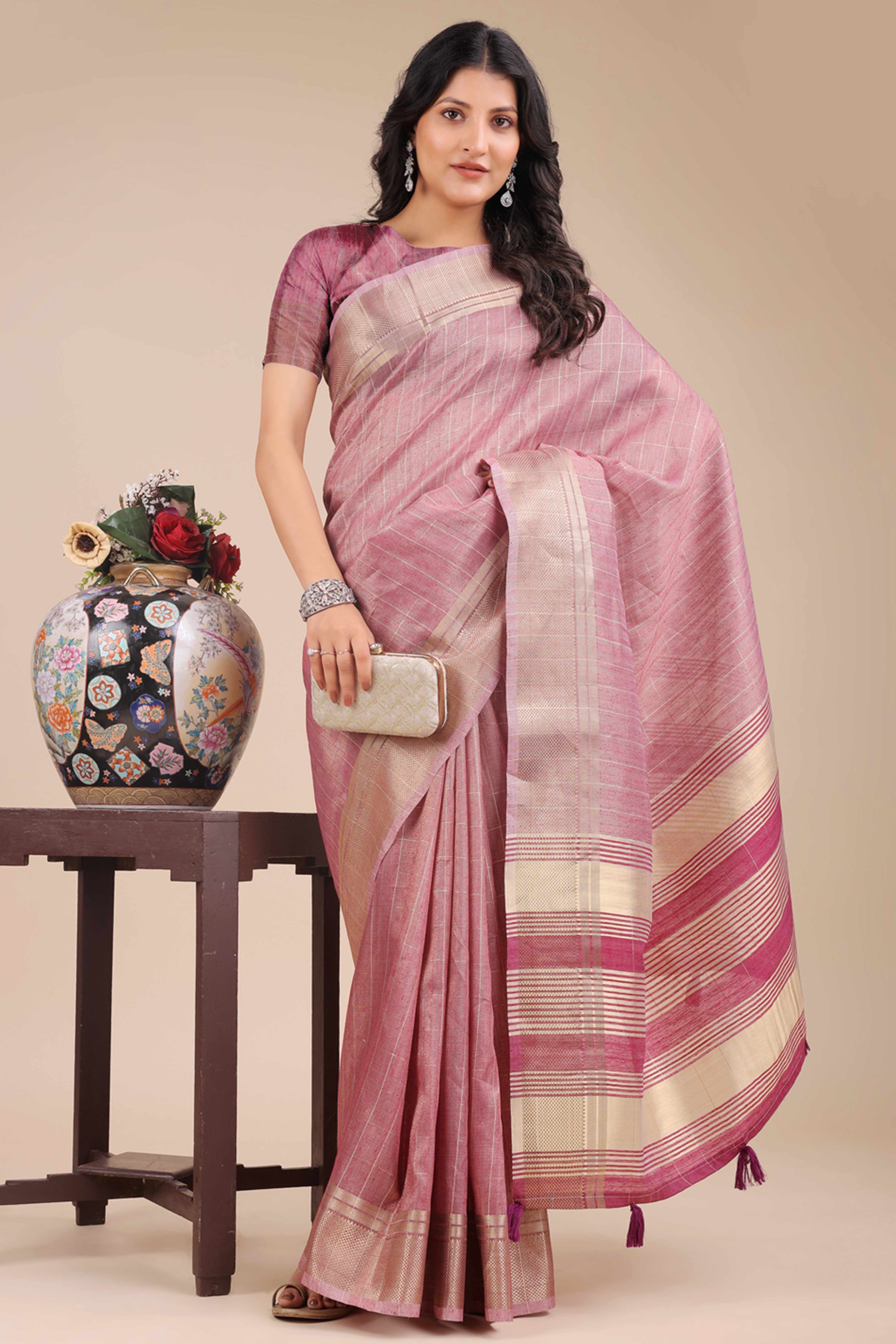 Purple Organza Saree with Checkered Zari Weaving Artistry and Tassels