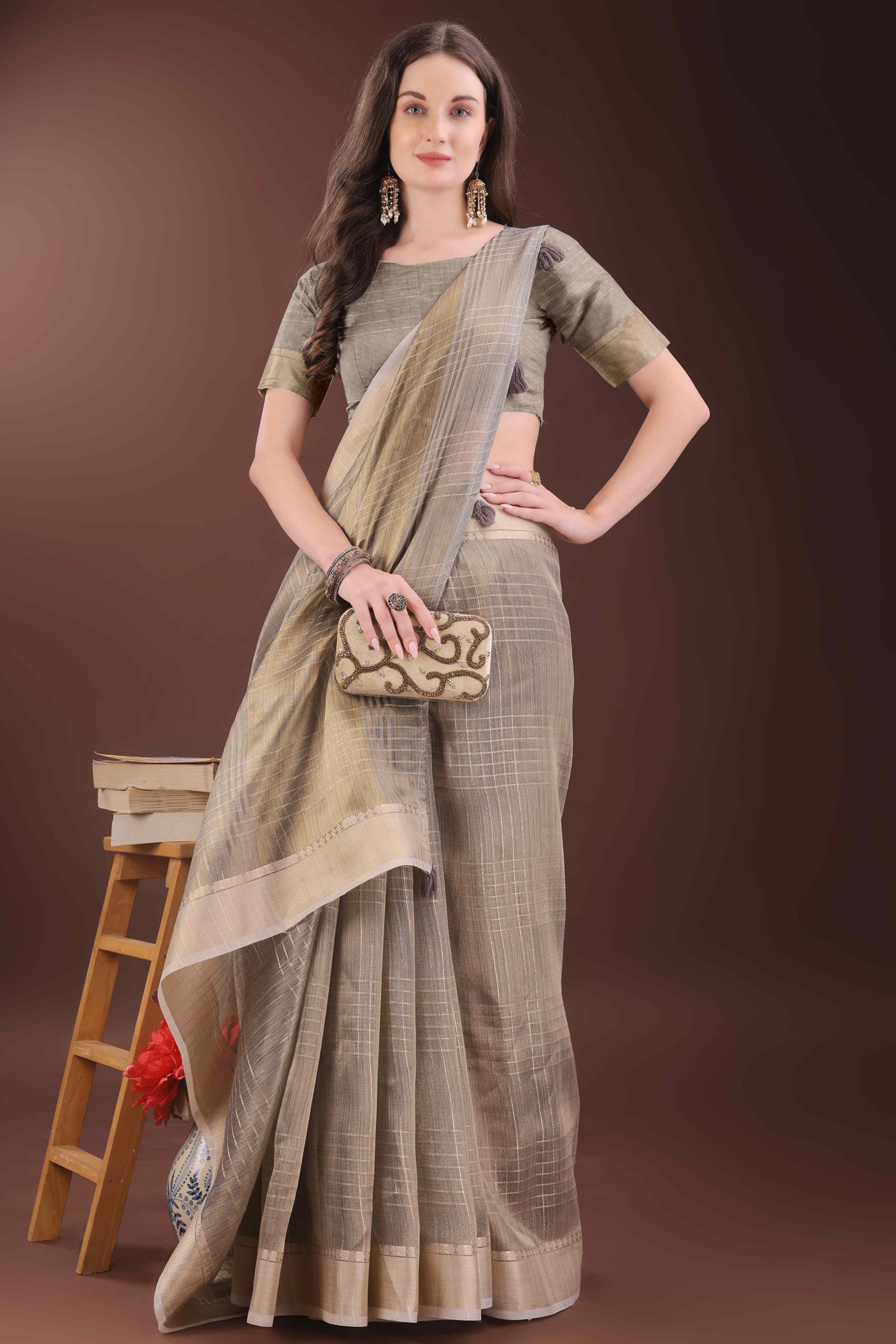 Grey Organza Saree With Zari Weaving Check Patterns & Elegant Tassel Accents