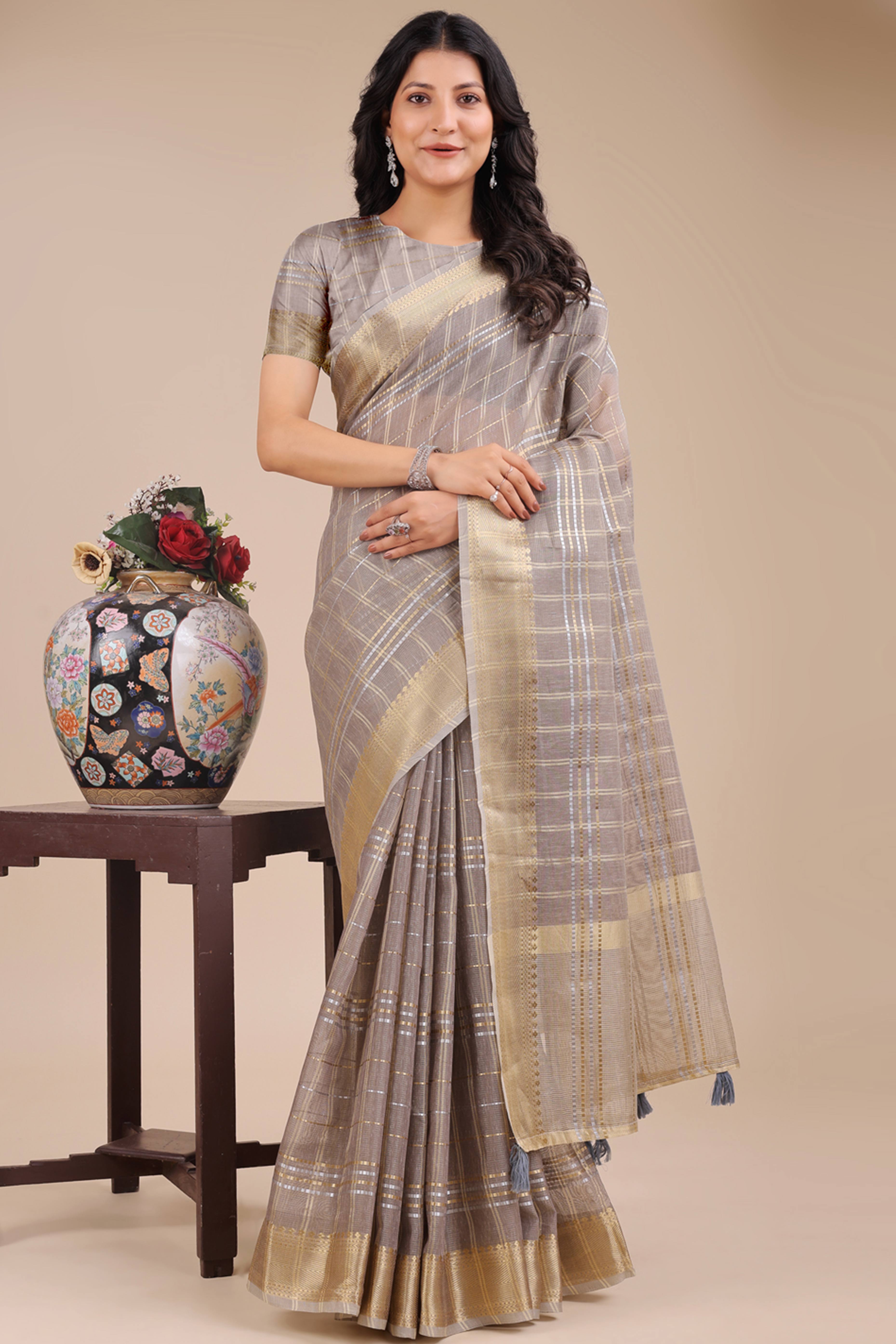 Taupe Grey Organza Saree with Checkered Zari Weaving and Tassel Finish
