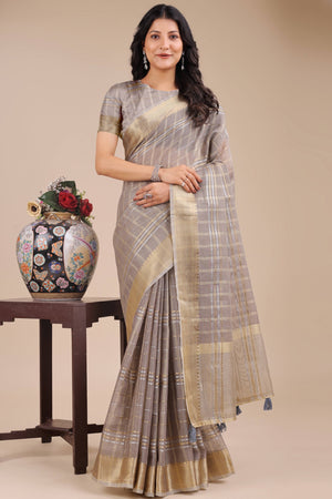 Taupe Grey Organza Saree with Checkered Zari Weaving and Tassel Finish