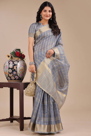 Sky Blue Organza Saree with Checkered Zari Weaving and Tassel Charm