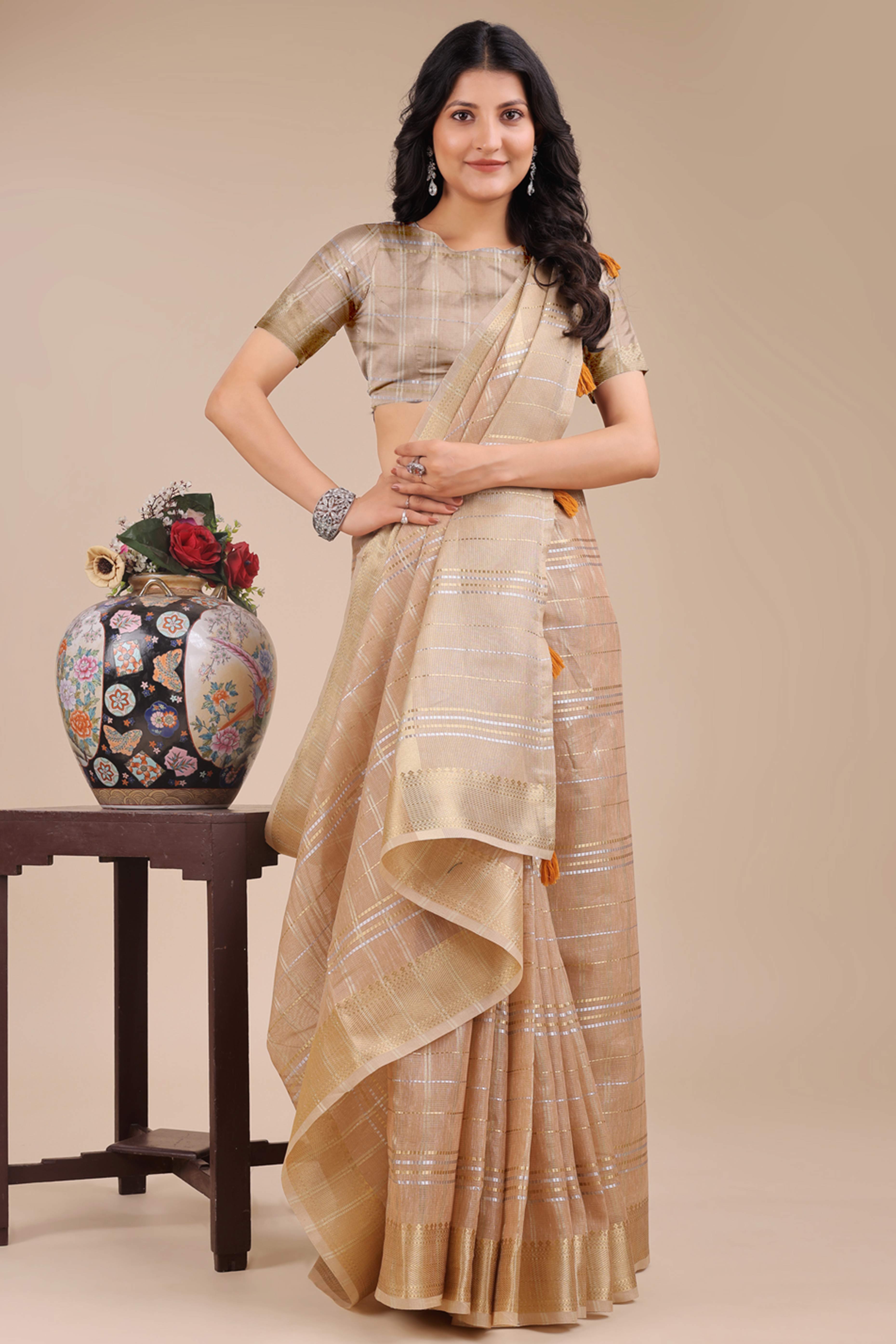 Beige Organza Saree with Checkered Zari Weaving and Tassel Elegance