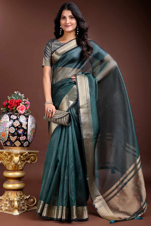 Emerald Green Organza Saree with Zari Border Weaving Charm