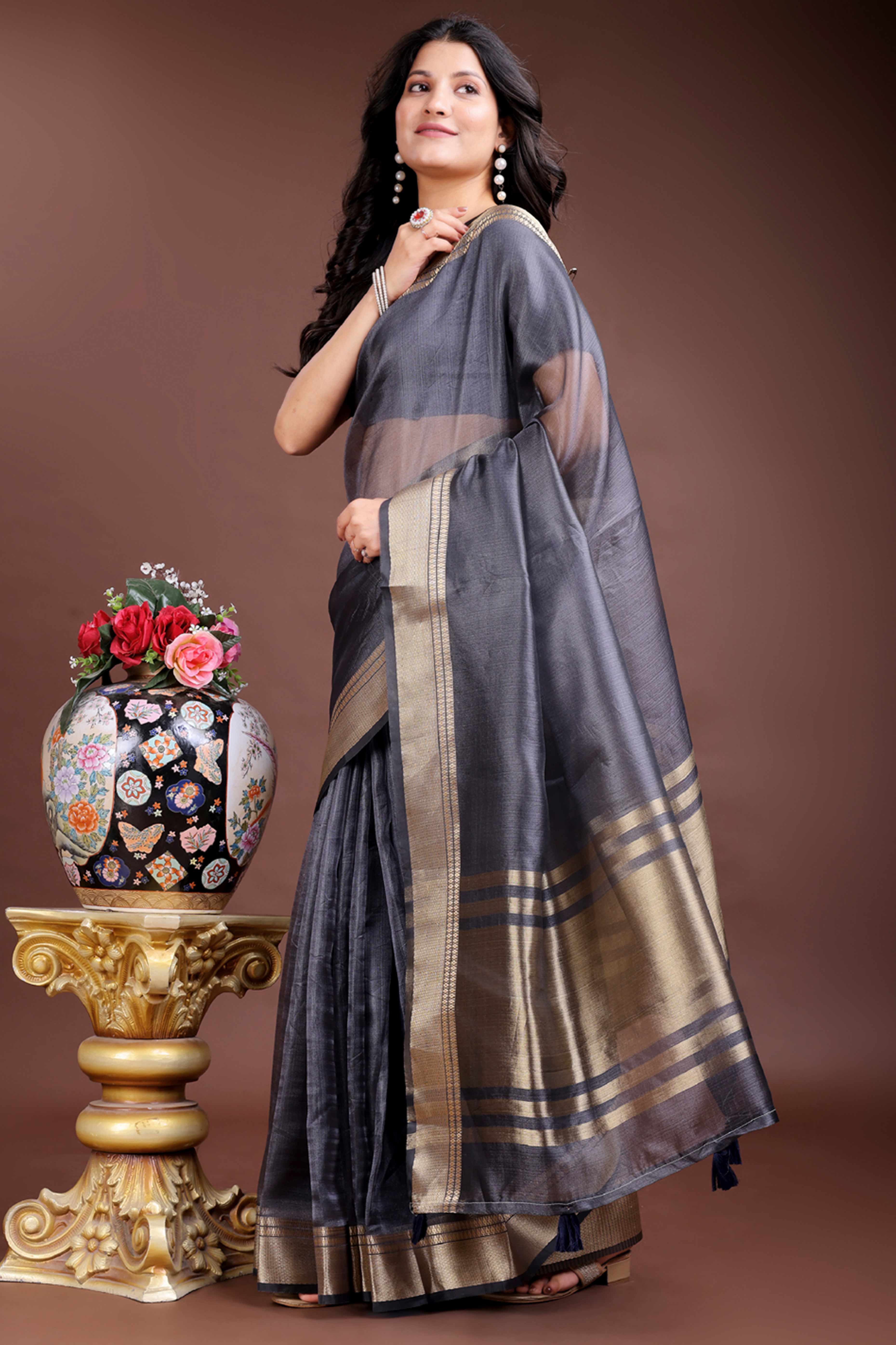 Grey Organza Saree with Zari Border Weaving Artistry
