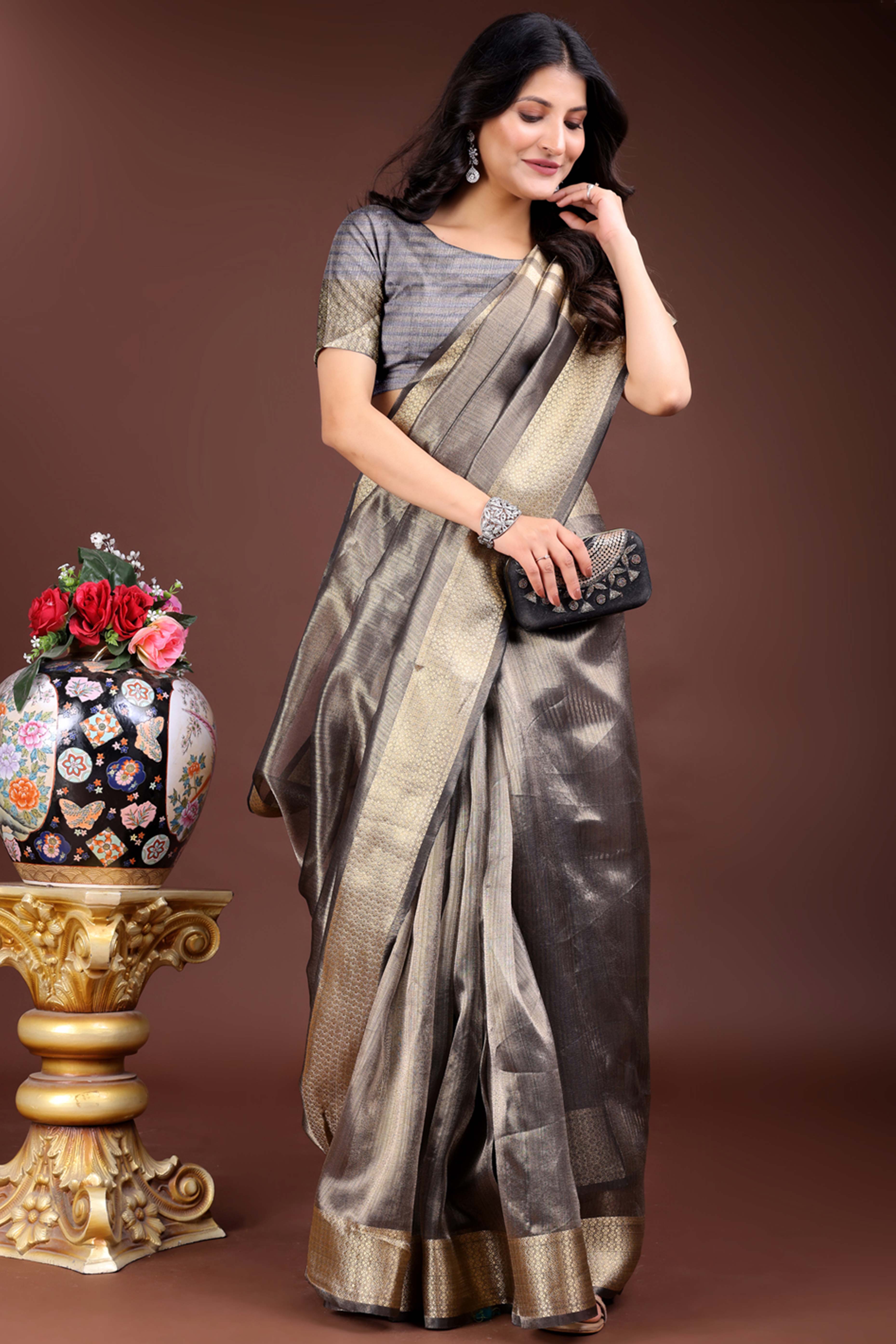 Grey Organza Saree with Zari Border Weaving Design
