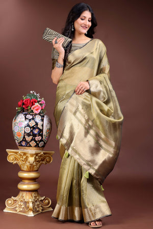 Mehendi Green Organza Saree with Zari Border Weaving Accent