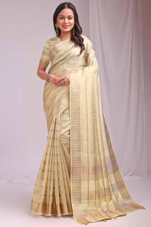 Gold Lightweight Organza Saree with Rich Zari Stripes Pattern