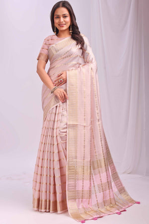 Peach Lightweight Organza Saree with Rich Zari Stripes Pattern