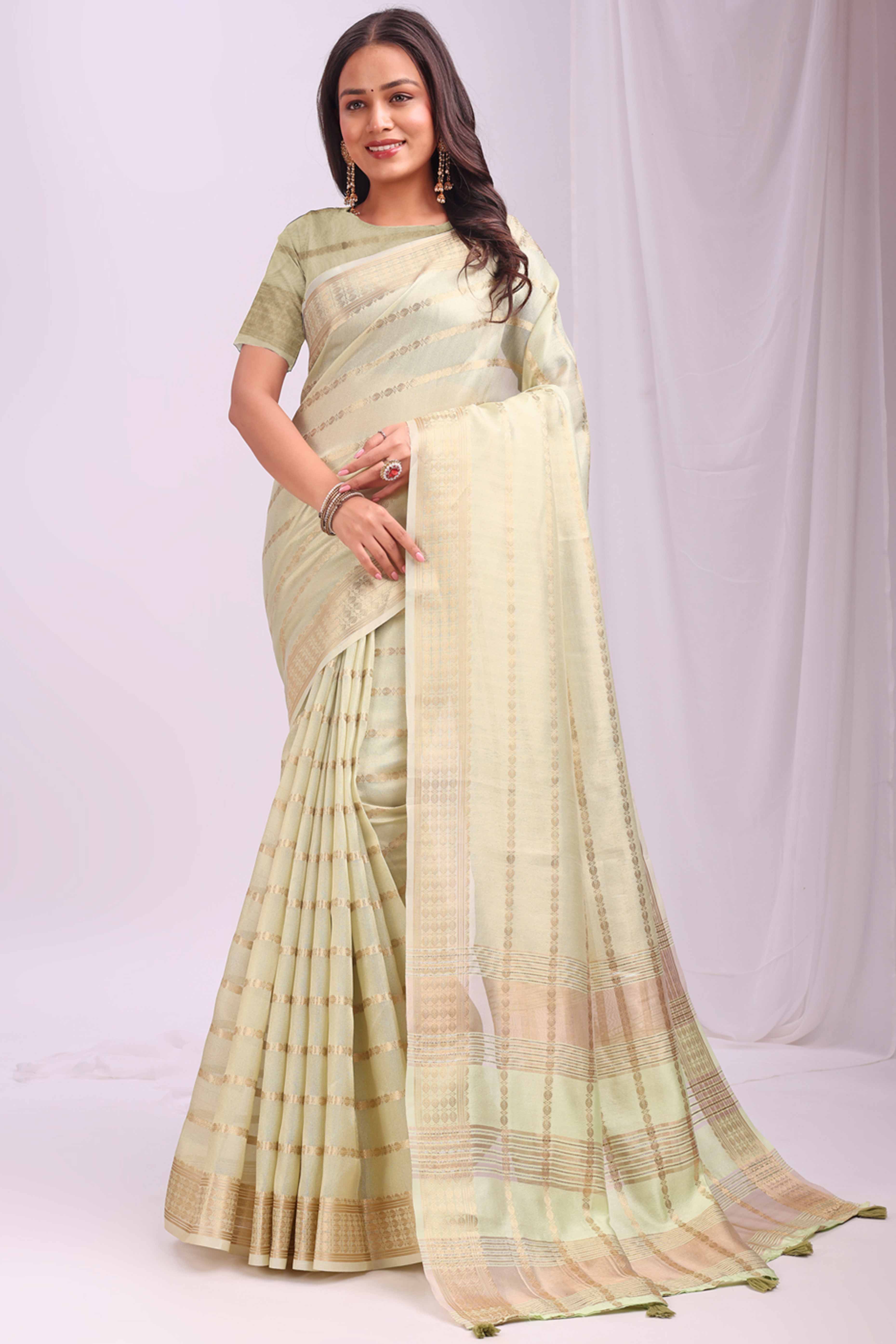Light Green Lightweight Organza Saree with Rich Zari Stripes Pattern
