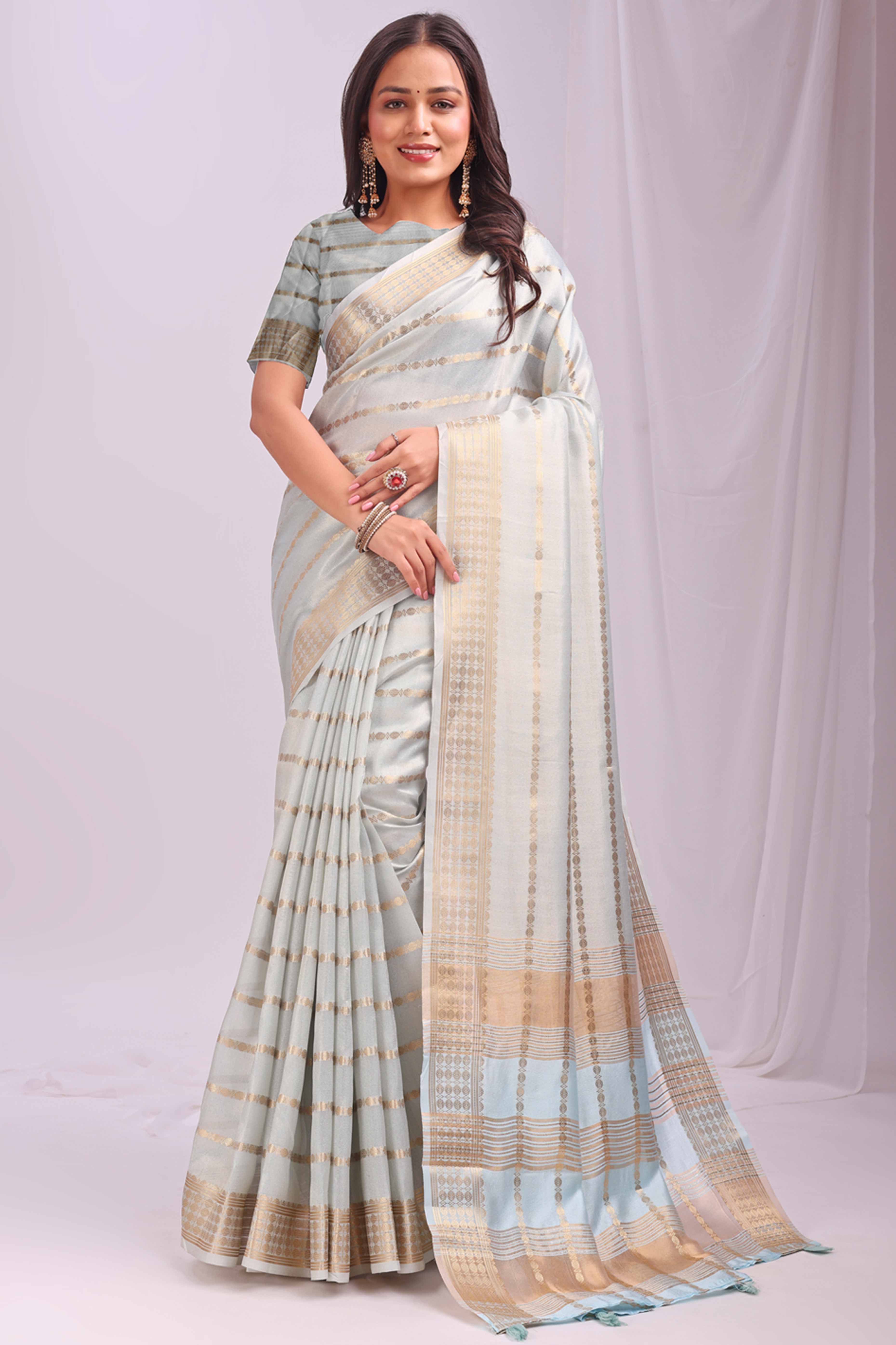Sky Blue Lightweight Organza Saree with Rich Zari Stripes Pattern