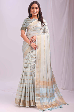 Sky Blue Lightweight Organza Saree with Rich Zari Stripes Pattern