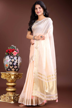 Peach Cotton Silk Saree with Zari Border Weaving