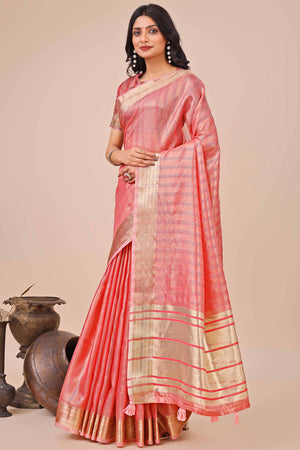 Coral Pink Organza Saree With Intricate Weave & Elegant Tassel Accents