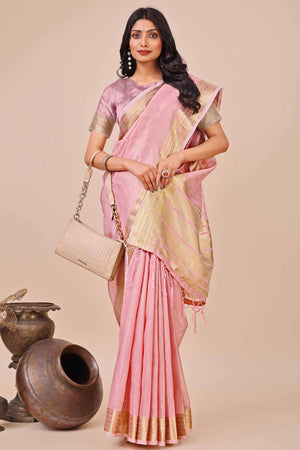 Pink Organza Saree With Intricate Weave & Elegant Tassel Accents