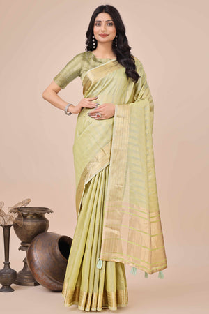 Light Green Organza Saree With Intricate Weave & Elegant Tassel Accents