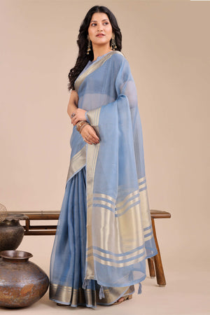 Soft Sky Blue Organza Saree with Detailed Zari Woven Edging