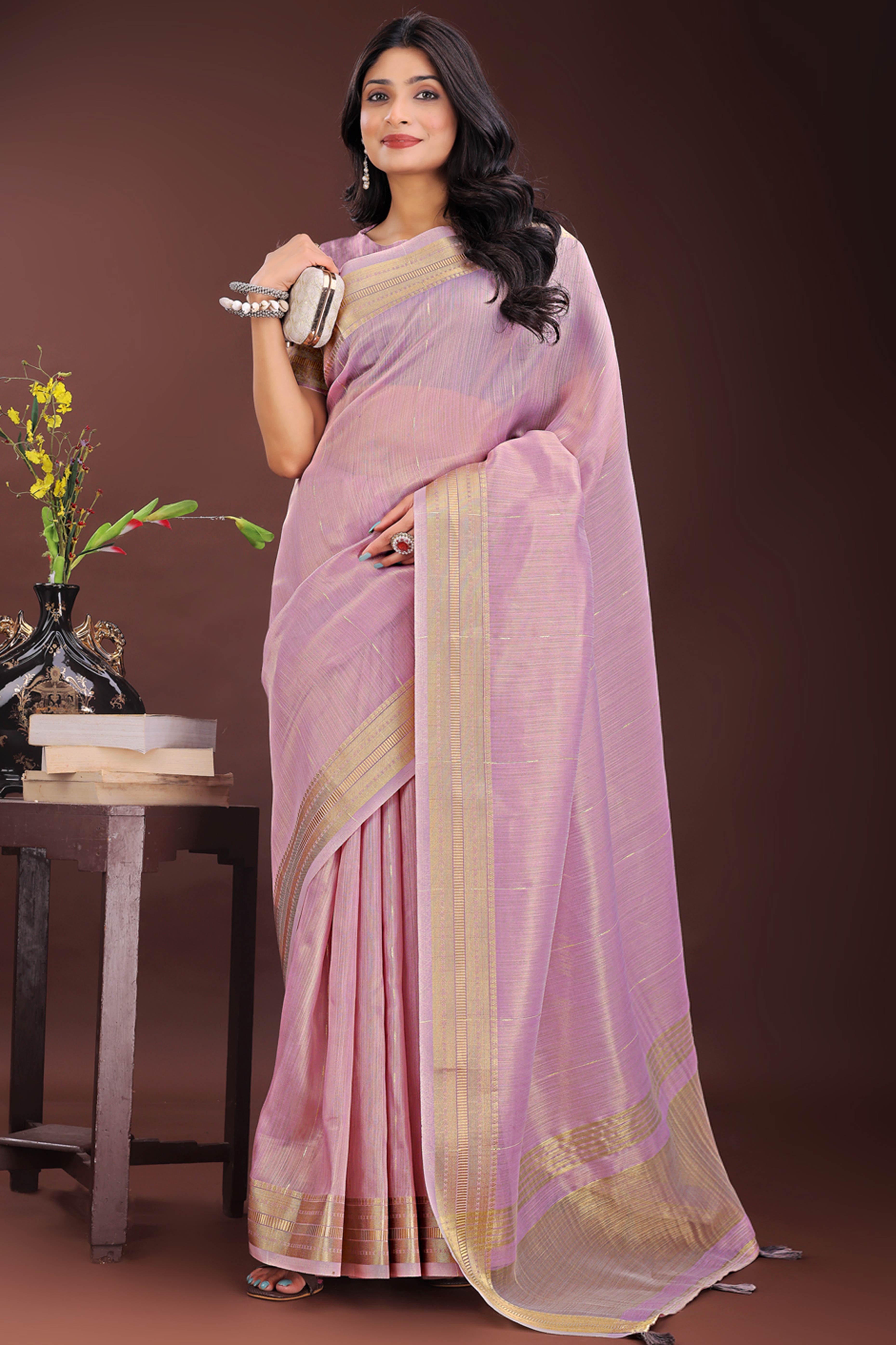 Onion Pink Organza Saree Adorned With Zari Weave & Tassel Edges