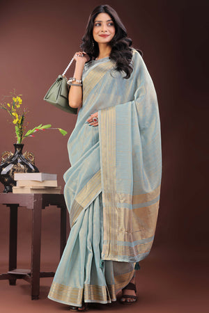 Greyish Blue Organza Saree Adorned With Zari Weave & Tassel Edges