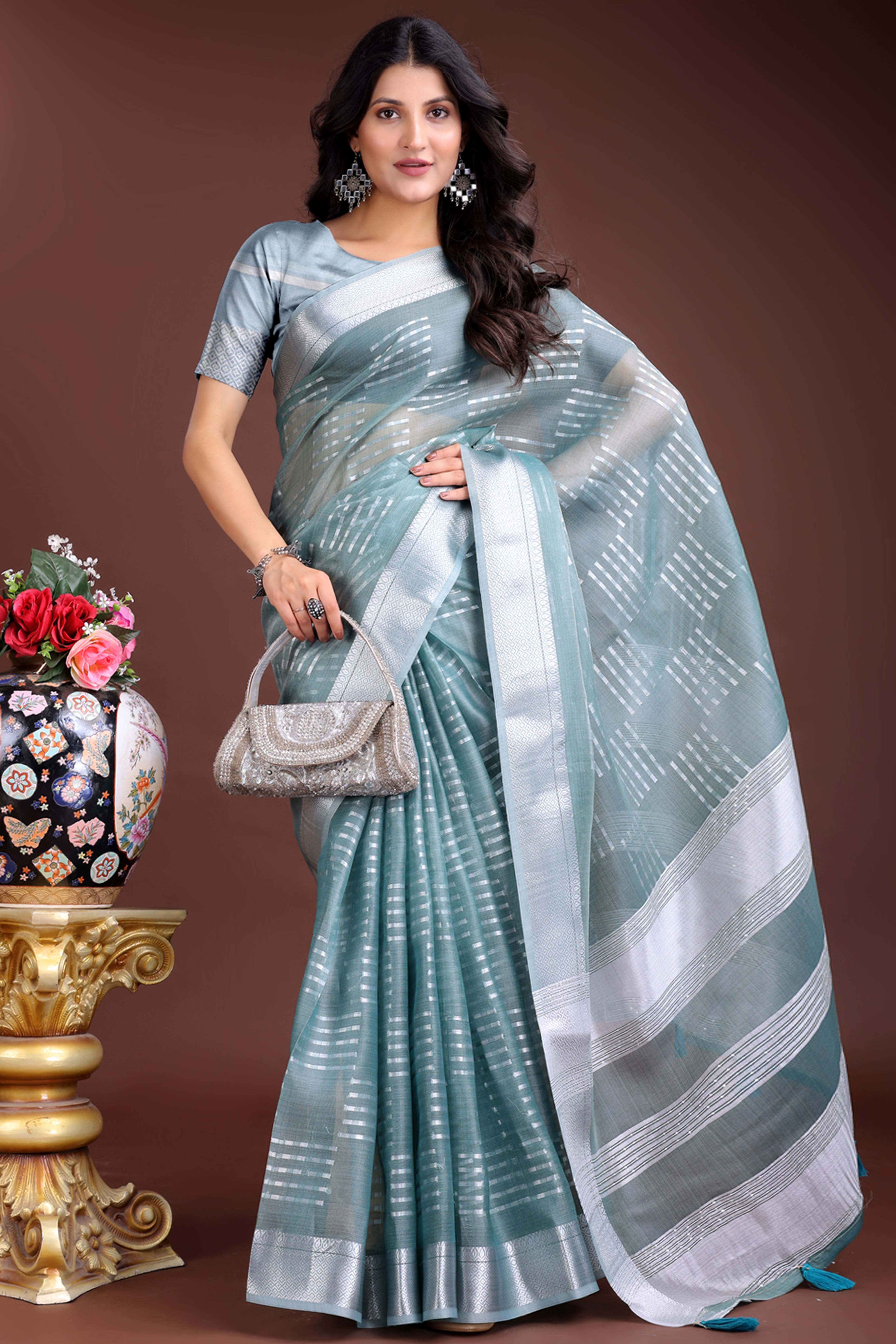 Sky Blue Organza Saree with Zari Woven Elegance